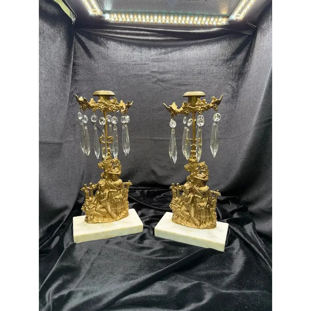 Antique Victorian Figural Girandole Candlesticks Pair Marble Crystal Prisms